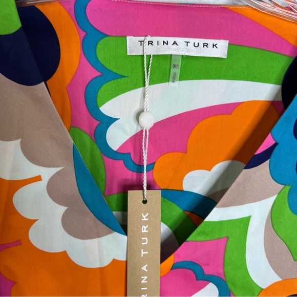 Trina Turk Midi Dress Womens XS Flower Power Retro Flowy Bell Sleeve B19 - Picture 3 of 9